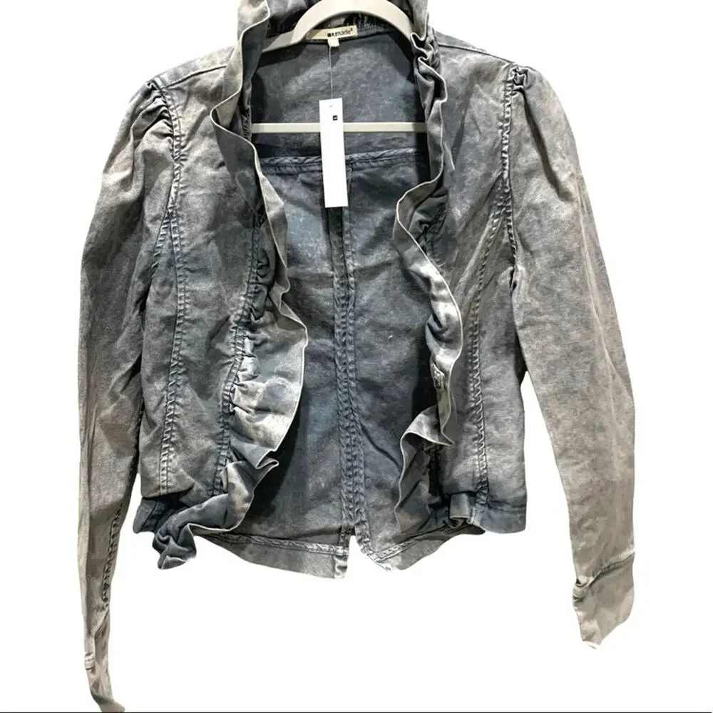 La made Ruffle Trim Denim‎ Jacket Women Large Blue Grey NWT Puffed Sleeve - Picture 2 of 9